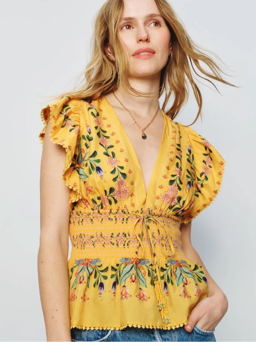 NWT Farm Rio Delicate Flowers & Stripes Blouse Top Yellow M